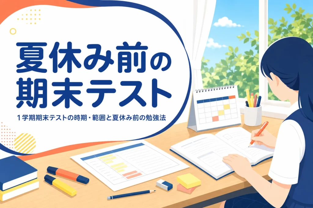 1学期の期末テストの時期や範囲と、夏休み前の勉強法を解説する記事のアイキャッチ
