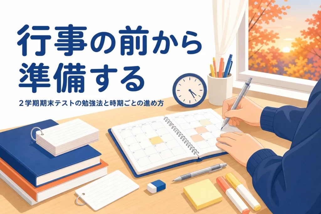 2学期期末テストに向けて、行事の前から準備する勉強法と時期ごとの進め方を解説する記事のアイキャッチ