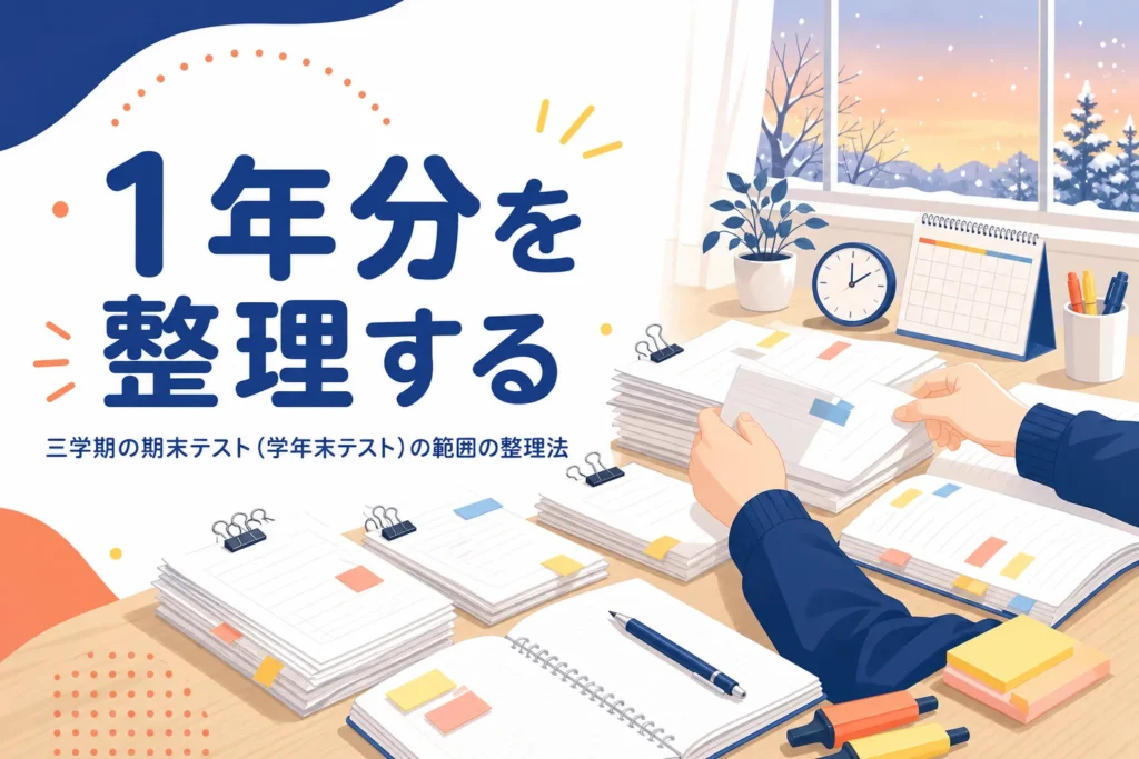 三学期の期末テスト（学年末テスト）に向けて、1年分の範囲を整理する方法を解説する記事のアイキャッチ