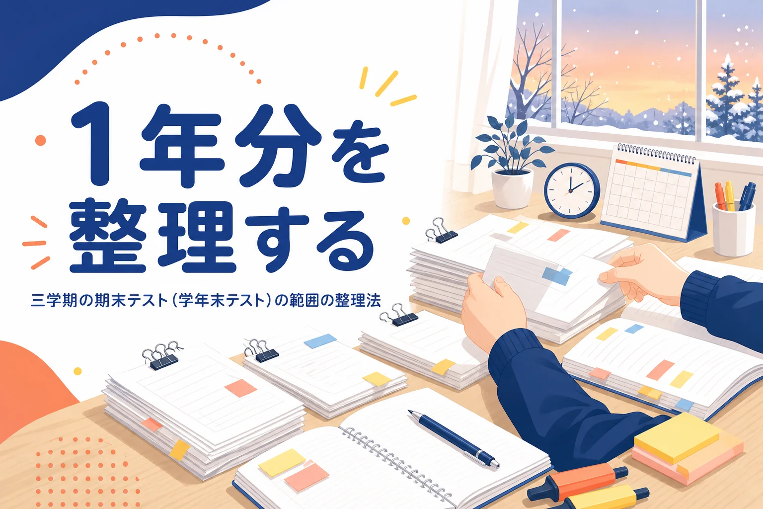 三学期の期末テスト(学年末テスト)に向けて、1年分の範囲を整理する方法を解説する記事のアイキャッチ