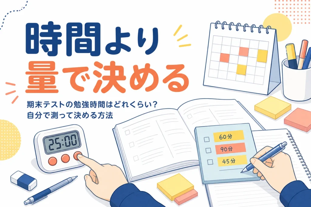 期末テストの勉強時間を、何時間ではなく終わらせる量から自分で測って決める方法を解説する記事のアイキャッチ