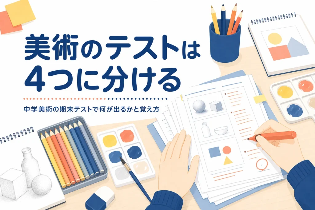 中学美術の期末テストで何が出るかと、教科書と授業プリントの覚え方を解説する記事のアイキャッチ