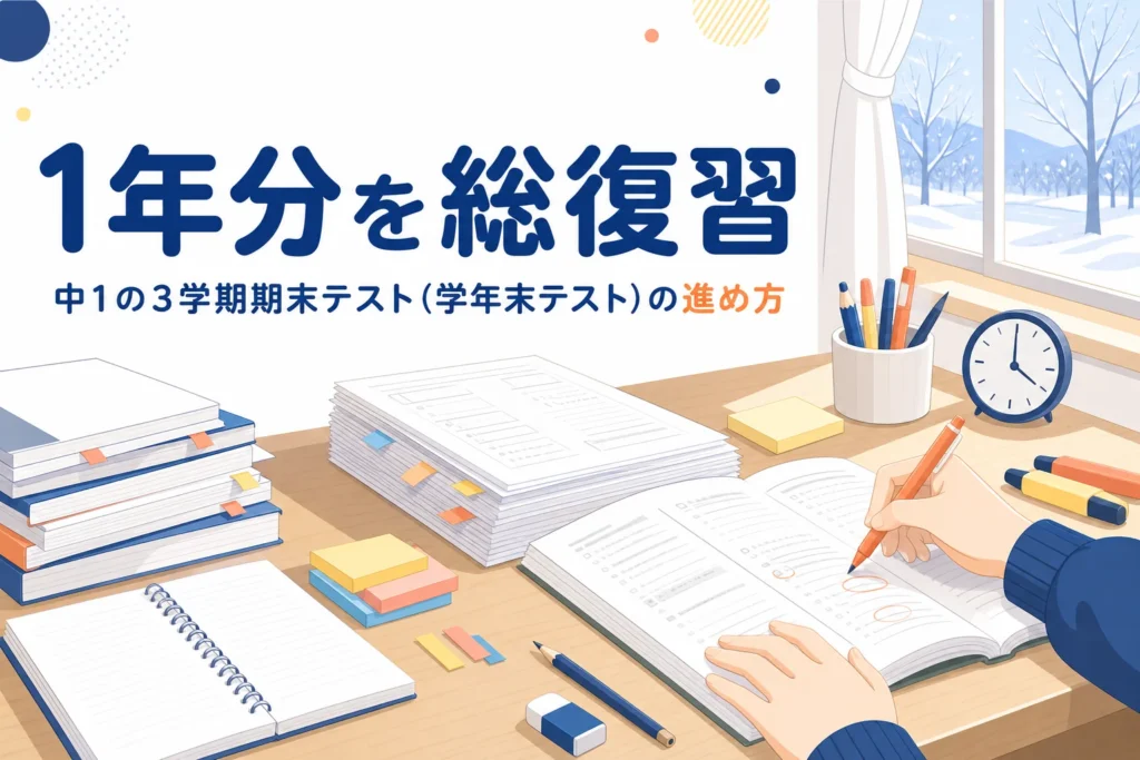 中1の3学期期末テスト（学年末テスト）の範囲の見分け方と1年分の総復習のしかたを解説する記事のアイキャッチ