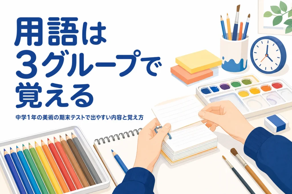 中学1年の美術の期末テストで出やすい内容と、用語を3グループで覚える方法を解説する記事のアイキャッチ