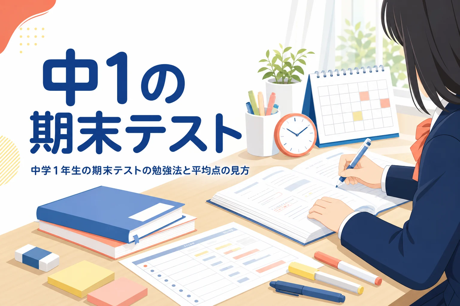 中学1年生の期末テストの教科別の勉強法と平均点の考え方を解説する記事のアイキャッチ