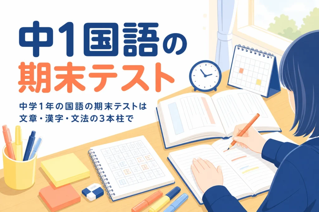 中学1年の国語の期末テストの教科書の文章・漢字・文法の対策を解説する記事のアイキャッチ