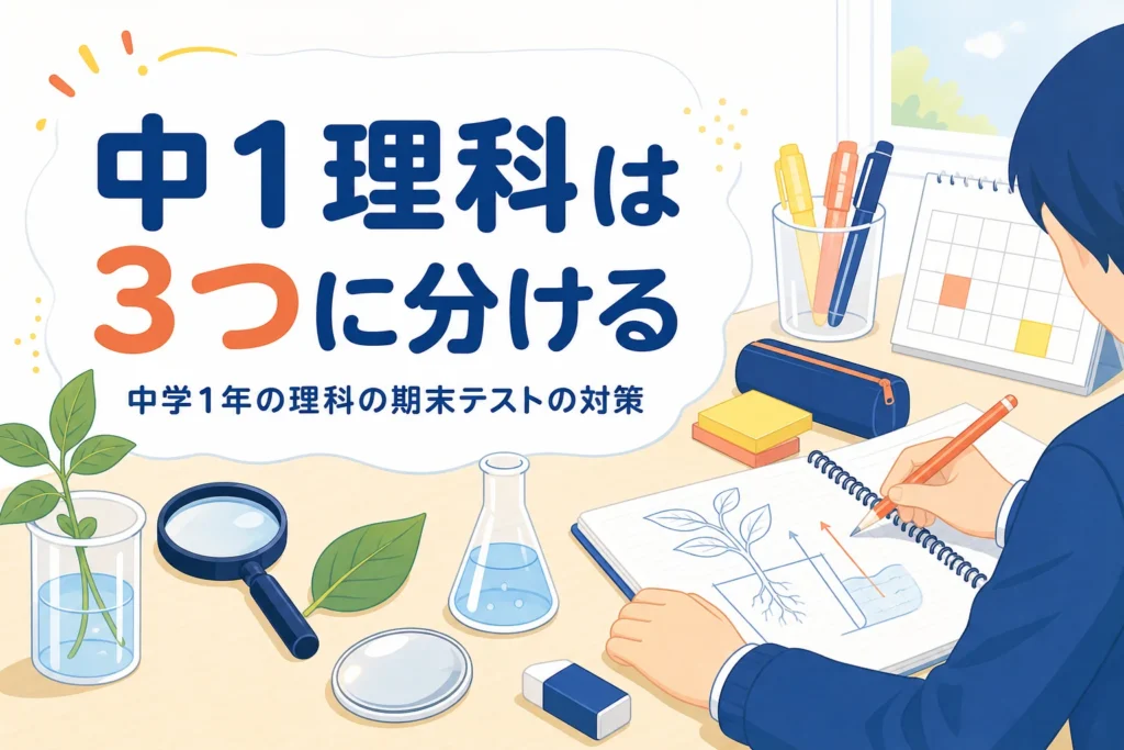 中学1年の理科の期末テストを、覚える所・図で理解する所・計算する所に分けて対策する記事のアイキャッチ