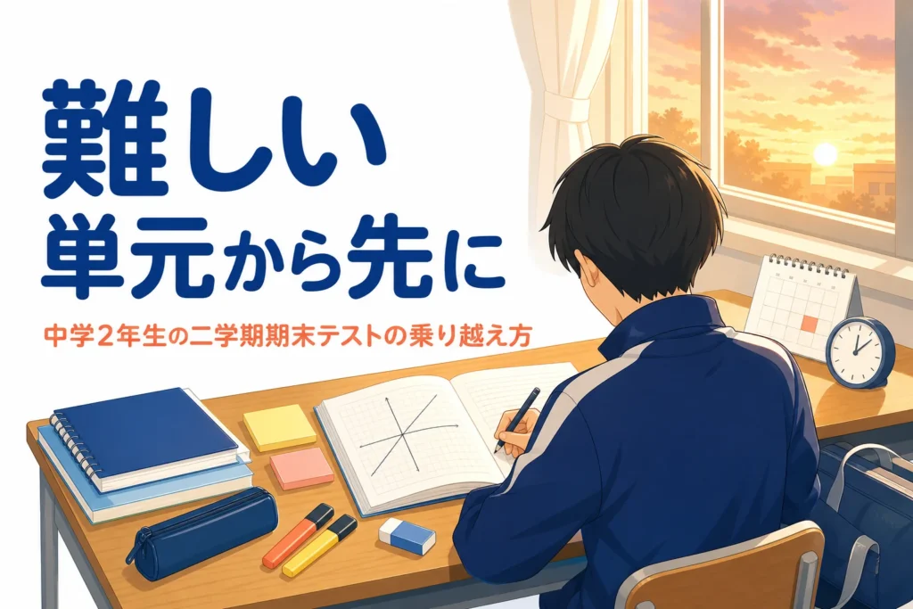 中学2年生の二学期期末テストで、難しくなる単元を乗り越える方法を解説する記事のアイキャッチ