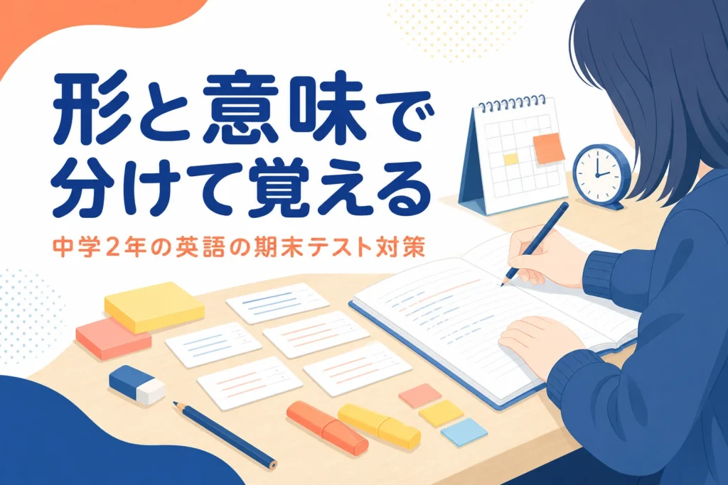 中学2年の英語の期末テストで、不定詞や比較などの文法を形と意味に分けて覚える方法を解説する記事のアイキャッチ