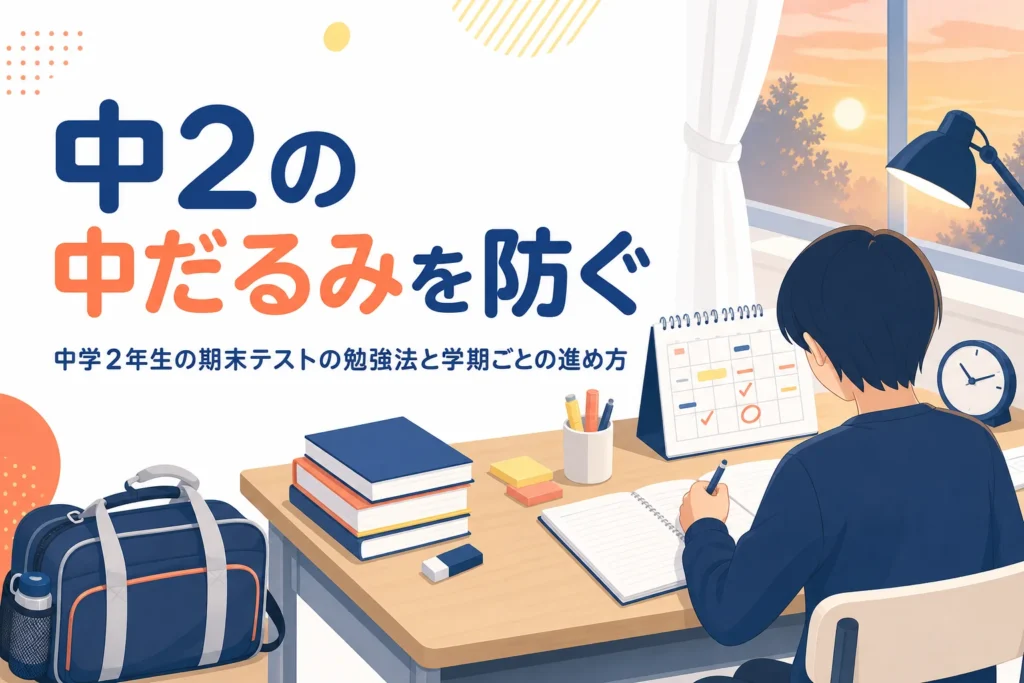 中学2年生の期末テストで中だるみを防ぐ勉強法と学期ごとの進め方を解説する記事のアイキャッチ