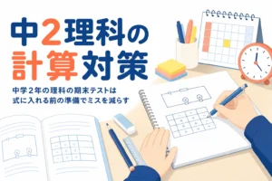 中学2年の理科の期末テストで化学変化や電流の計算問題のミスを減らす方法を解説する記事のアイキャッチ