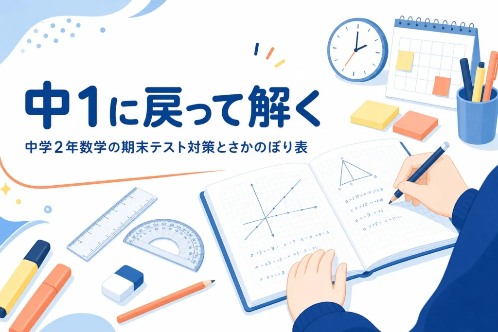 中学2年の数学の期末テスト対策として、単元ごとに中1へさかのぼる方法を解説する記事のアイキャッチ