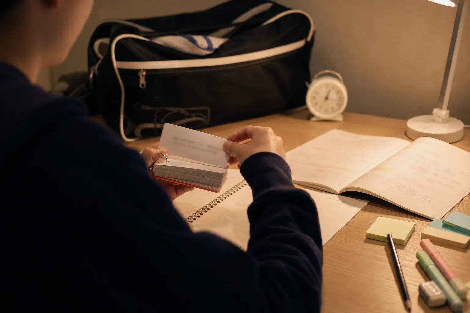 部活のあとに、単語カードと暗記用のノートで短い時間の勉強をしている中学3年生の手元の写真
