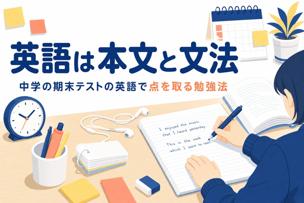中学の期末テストの英語を、教科書本文と文法で点を取る勉強法として解説する記事のアイキャッチ