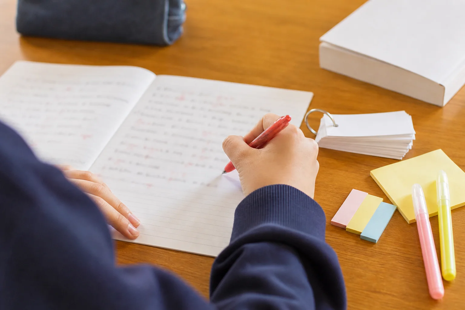 英語の教科書本文を見ながら、ノートに英文を書き取って赤ペンで直している中学生の手元の写真