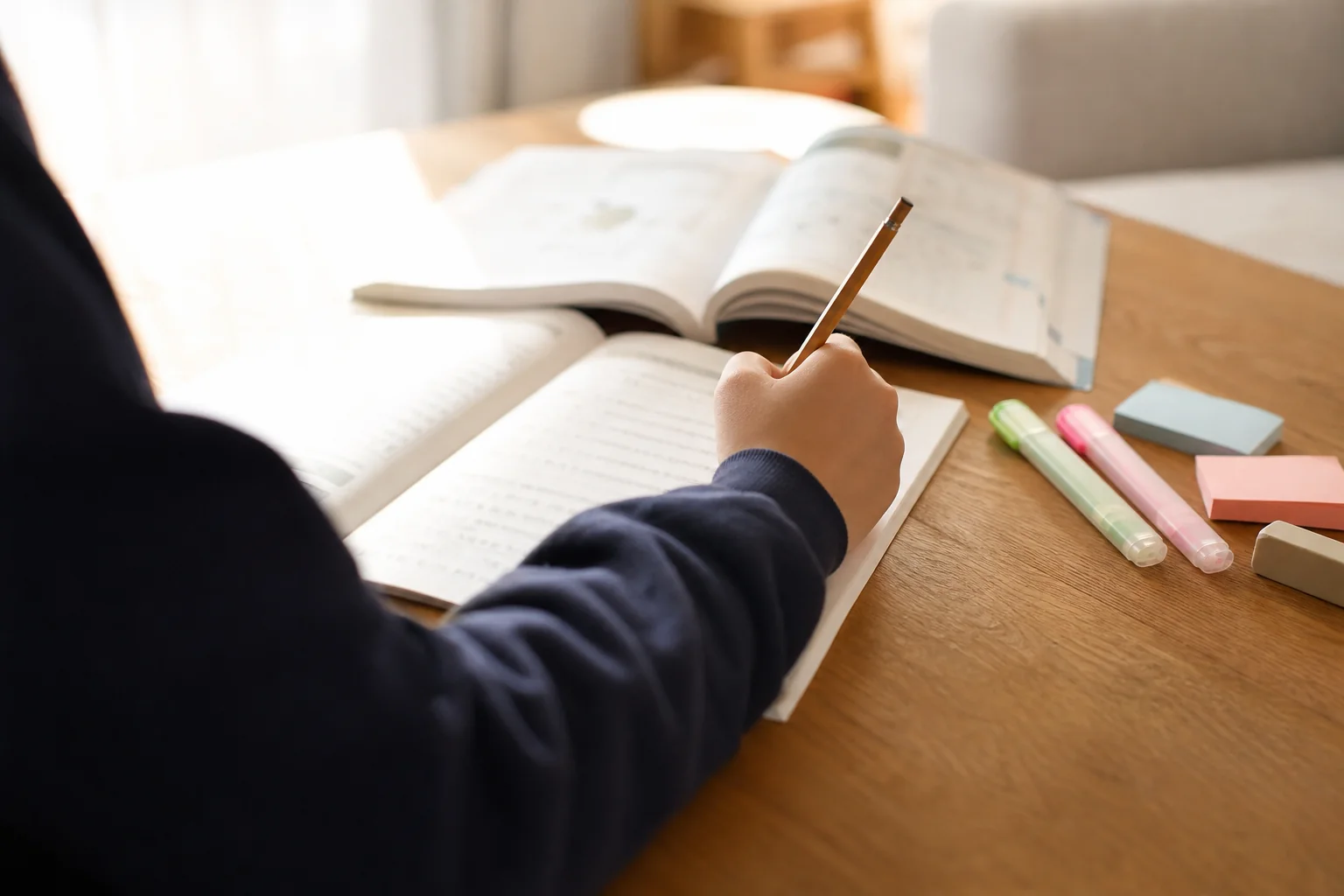 学校に行けていない時に、家で教科書とワークを少しずつ進める学習の手元の写真