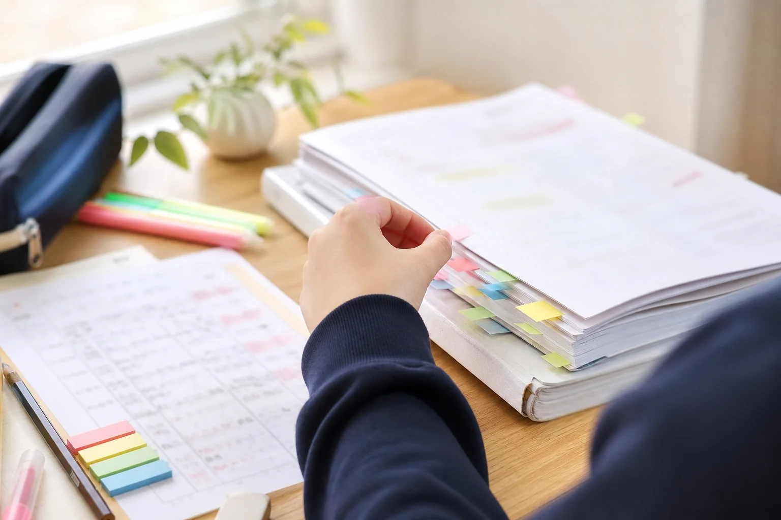 中学1年生が初めての期末テストに向けて、テスト範囲表を見ながら教科書とワークに付箋を貼っている手元の写真