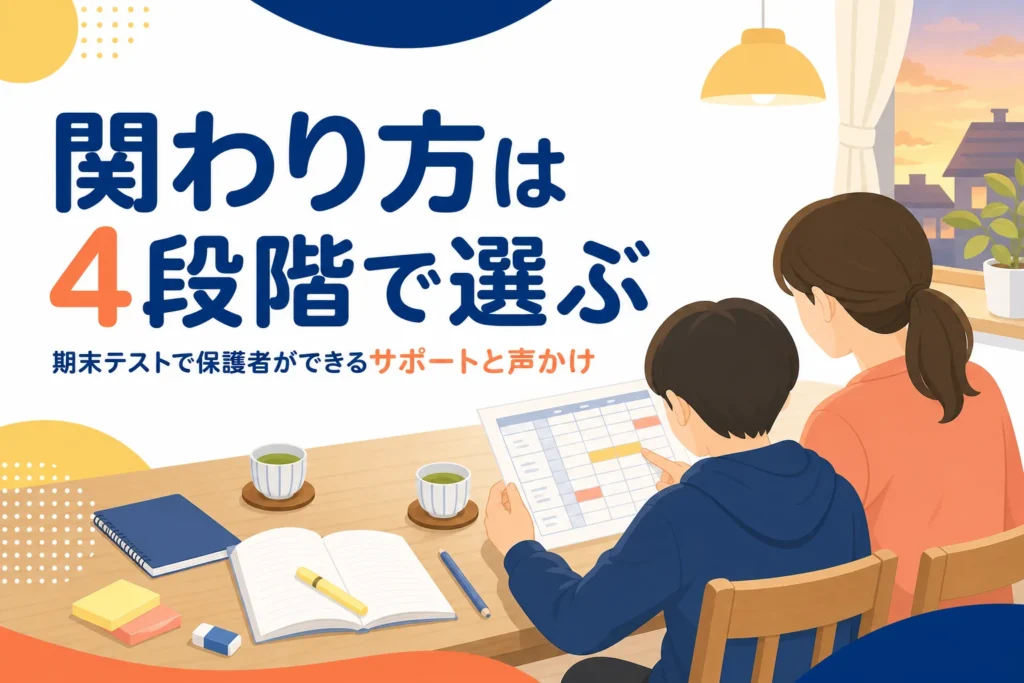 期末テストで保護者ができるサポートを、4段階の関わり方と声かけの例で解説する記事のアイキャッチ