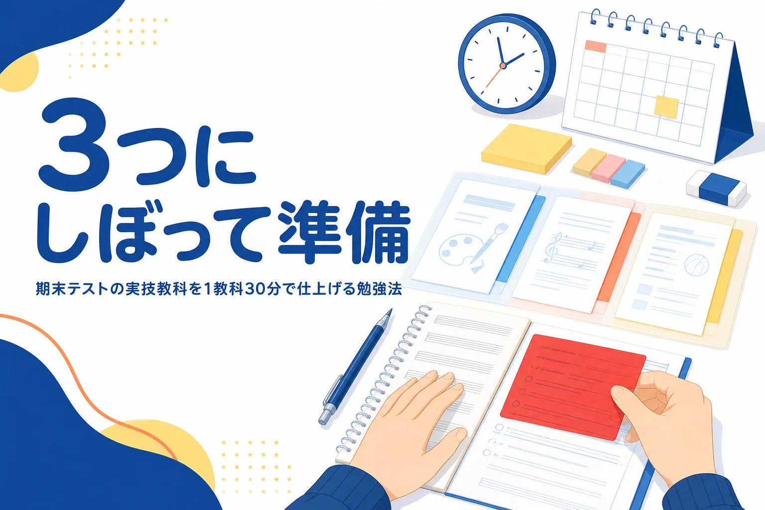 期末テストの実技教科を、授業プリント・教科書の太字・実技の振り返りの3つで準備する勉強法を解説する記事のアイキャッチ