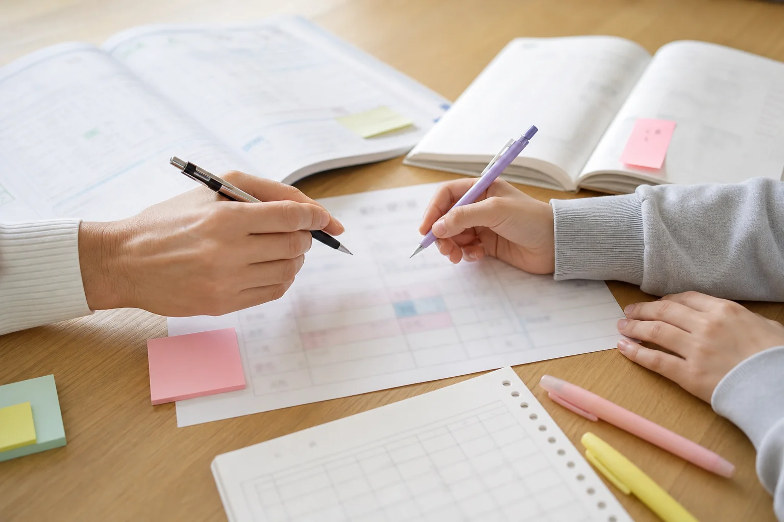 テスト範囲表と学校のワーク、書き込み途中の計画表を広げ、二人の手元が計画を書き込んでいる机の写真