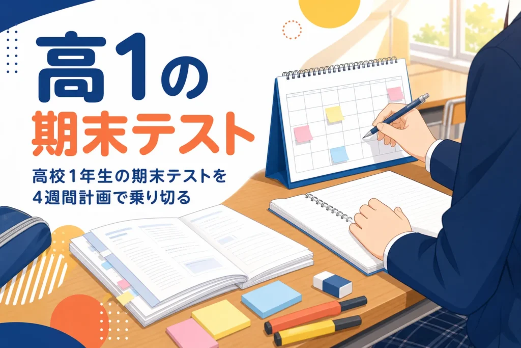 高校1年生の期末テストを、中学との違いと4週間計画で乗り切る方法を解説する記事のアイキャッチ