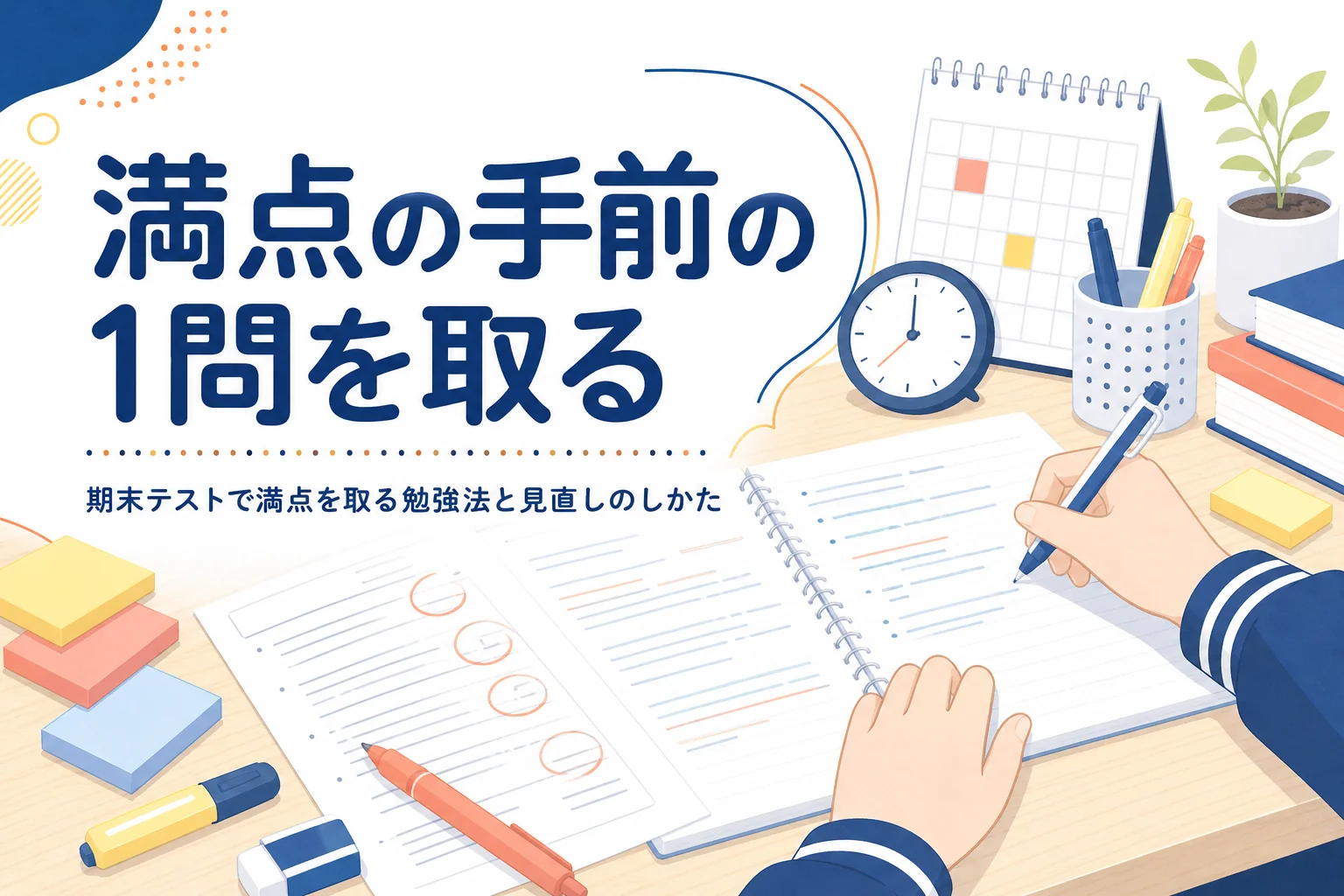 期末テストで満点を取るための勉強法と見直しのしかたを解説する記事のアイキャッチ