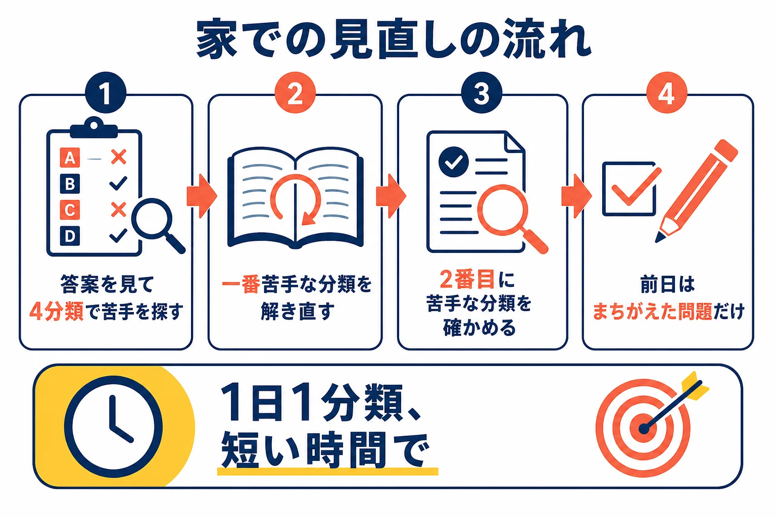 期末テストの2週間前から前日までに、家で4つの分類ごとに見直しを進める流れの図解