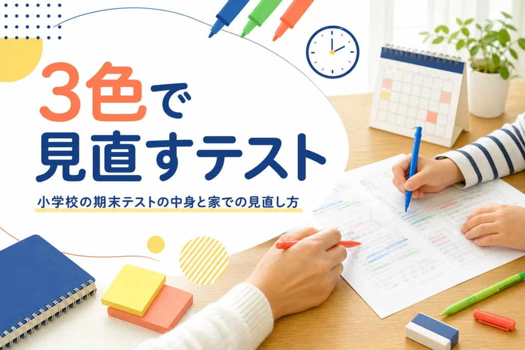 小学校の期末テストの中身と、返ってきたテストを親子で見直す3色チェックを解説する記事のアイキャッチ