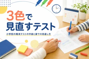 小学校の期末テストの中身と、返ってきたテストを親子で見直す3色チェックを解説する記事のアイキャッチ