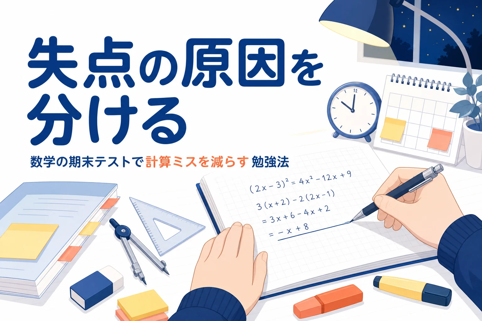 数学の期末テストで点を落とす原因を分けて、計算ミスを減らす勉強法を解説する記事のアイキャッチ